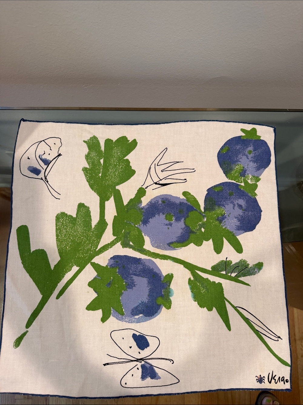 VTG Vera Neumann Blueberry Linen Napkin Blue Fruit Green Leaves Signed Ladybug. - Picture 2 of 12